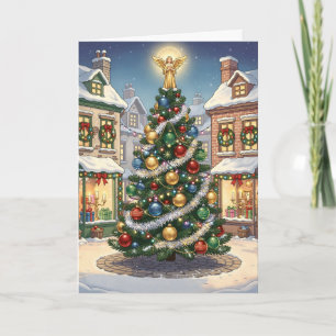 Storybook village Christmas tree with angel Card