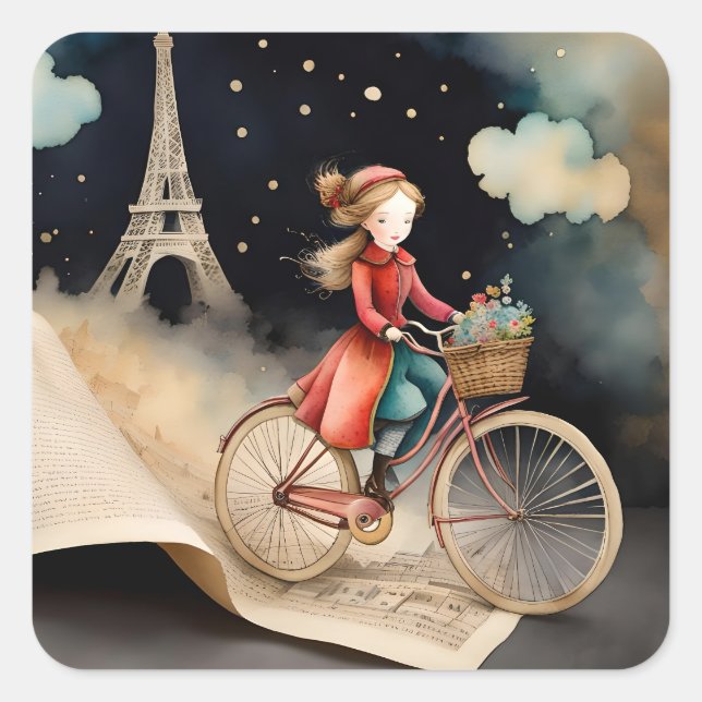 Storybook Watercolor Paris Bicycle Ride Square Sticker (Front)