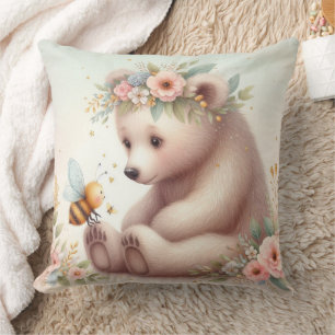 Storybook Woodland Babies Bear And Bee Throw Pillow