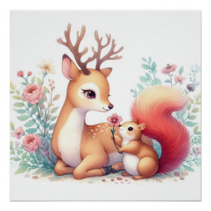 Storybook Woodland Babies Deer And Chipmunk Poster