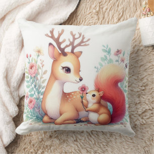 Storybook Woodland Babies Deer And Chipmunk Throw Pillow