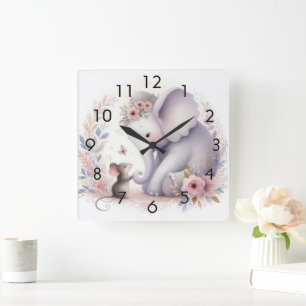 Storybook Woodland Babies Elephant And Mouse Square Wall Clock