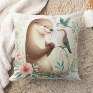 Storybook Woodland Babies Otter And Bird Throw Pillow
