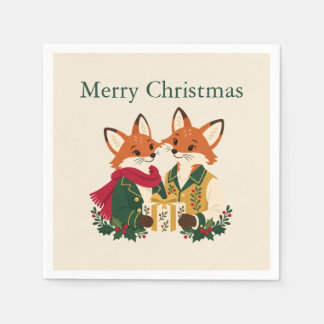 Storybook Woodland Fox Couple Christmas Party Napkin