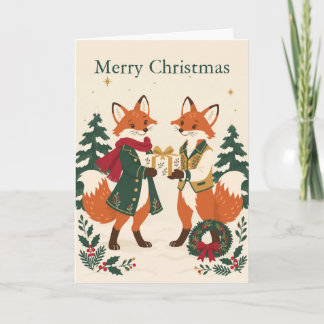 Storybook Woodland Foxes Exchanging Gifts Christma Holiday Card