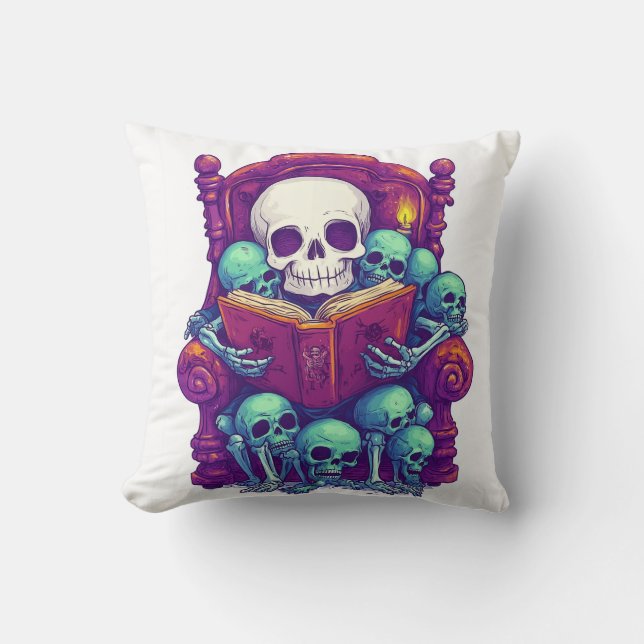 Storytime with Bones � Funny Bedtime Skeleton Throw Pillow (Front)
