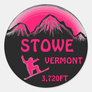 Stowe Vermont bright pink snowboard art stickers