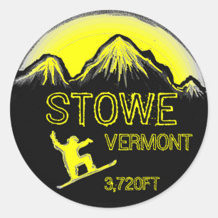 Stowe Vermont yellow snowboard art stickers