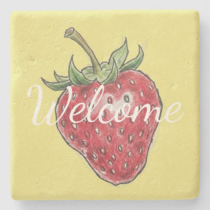 Straberry Family tea time Welcome everyone yellow Stone Coaster