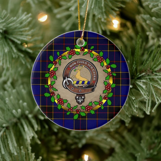 Strachan Badge & Tartan Personalized Christmas Ceramic Ornament (Tree)
