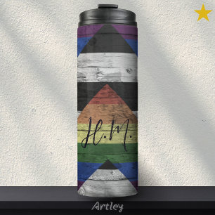 Straight Ally Pride Flag LGBT Wood Grain Initials Thermal Tumbler