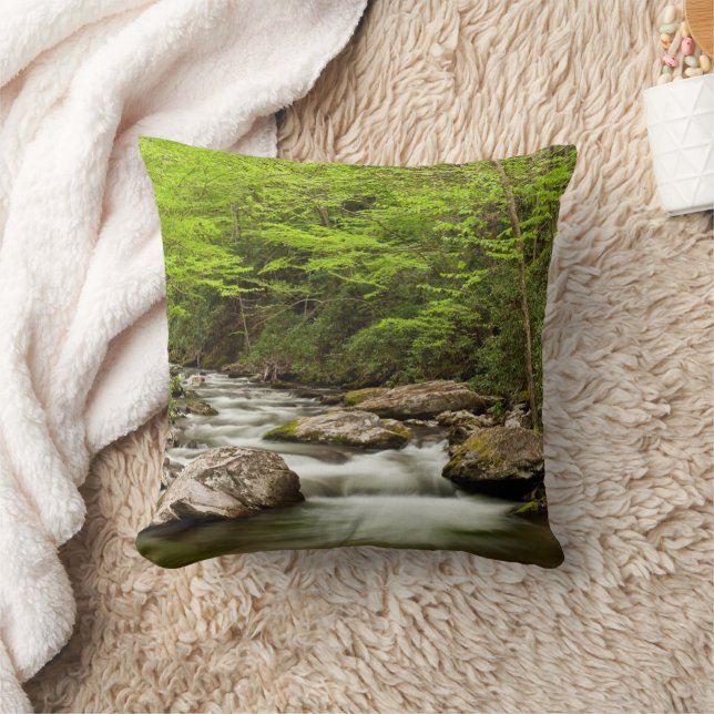 Straight Fork Flows Through Forest Throw Pillow (Blanket)