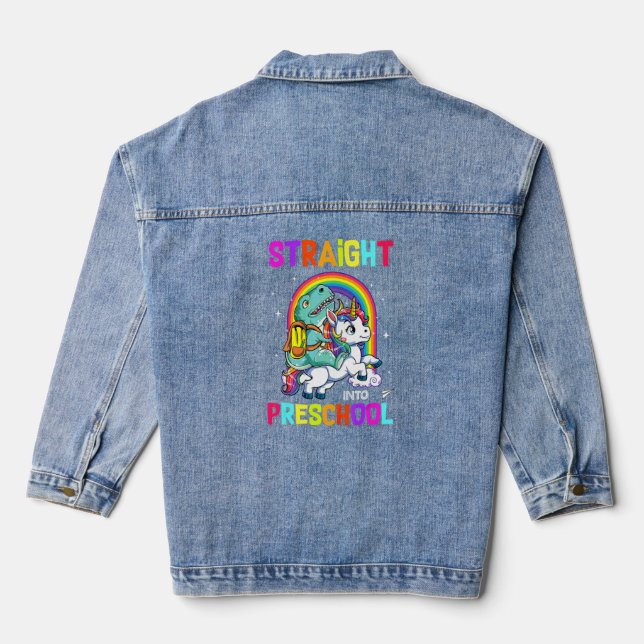 Straight Into Preschool Riding Unicorn Back To Sch Denim Jacket (Back)
