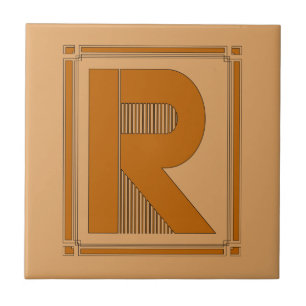 Straight lines art deco with monogram, letter R Tile