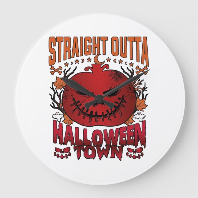 Straight Outta Halloween Town Red Pumpkin Ghosts L Large Clock (Front)