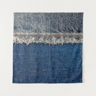 Straight stitch with orange thread on bleached den tapestry