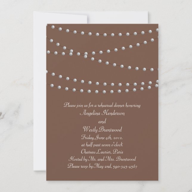 Strands of Pearls on Brown Rehearsal Dinner Invitation (Front)