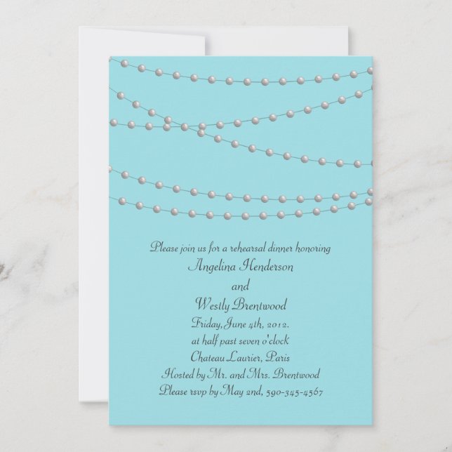 Strands of Pearls on Turquoise Rehearsal Dinner Invitation (Front)