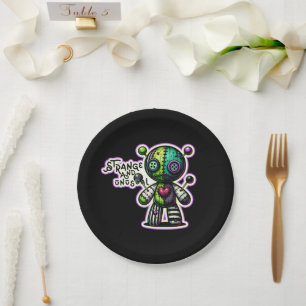 Strange and Unusual Purple Green Heart Voodoo Bear Paper Plate