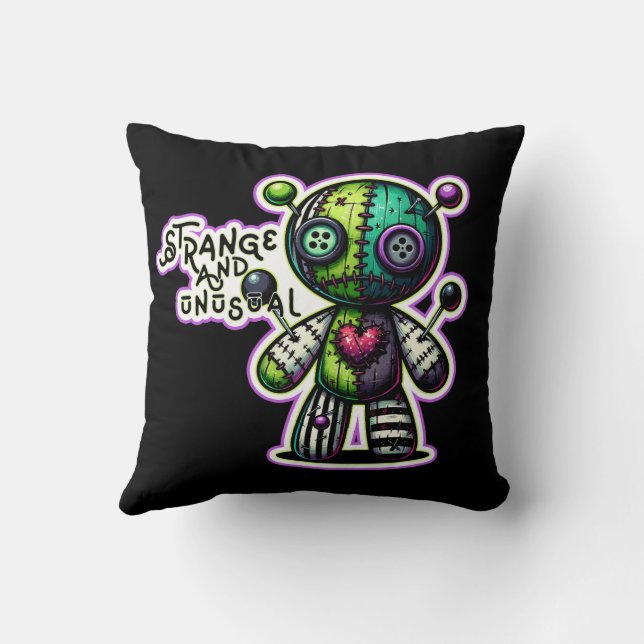 Strange and Unusual Purple Green Heart Voodoo Bear Throw Pillow (Back)