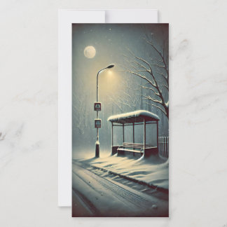 Strange Dark City Bus Stop Snowy Winter Night Card