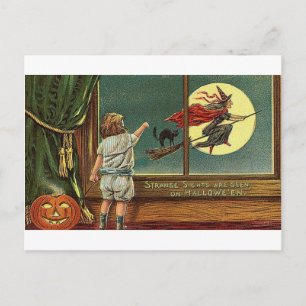 Strange Sights Are Seen on Halloween, Child, Cat, Postcard
