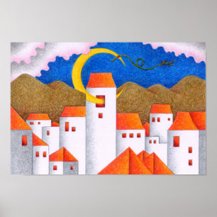 Strange space, a crescent moon city. poster