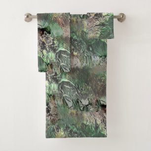 Strange texture in grey green with abstract skull  bath towel set