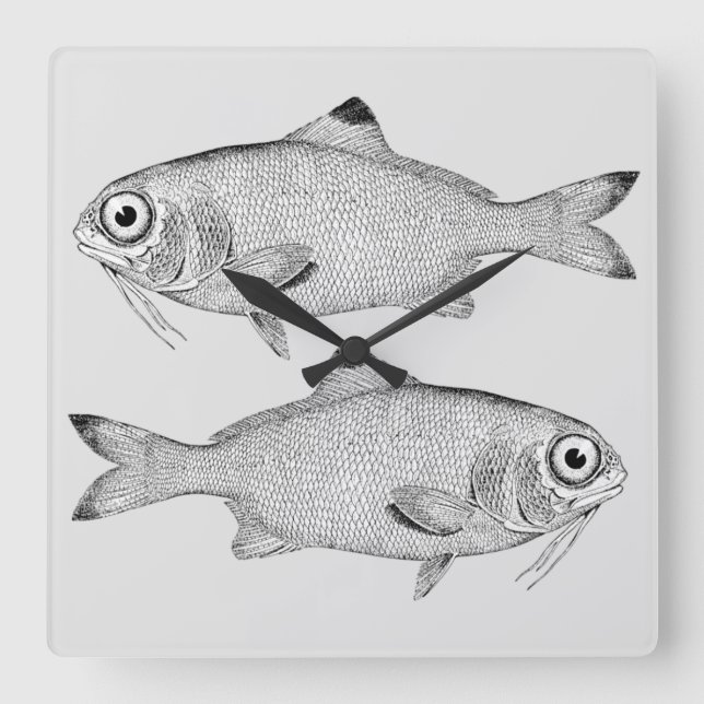 Strange vintage fish drawing square wall clock (Front)