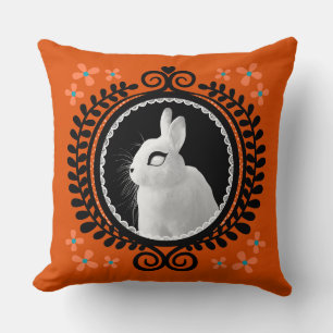 Strange White Bunny: Orange, Teal, & Black  Throw Pillow