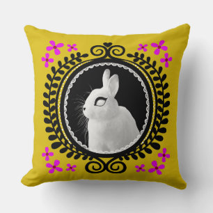 Strange White Bunny: Yellow, Magenta, Red, & Black Throw Pillow