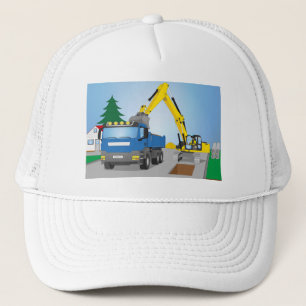 Straßenbaustelle mit blauem LKW und gelben Bagger Trucker Hat