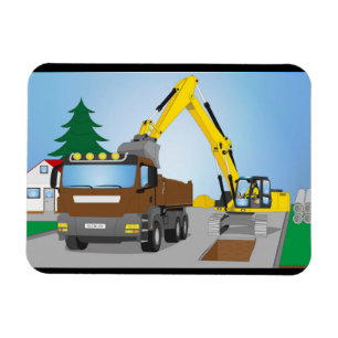 Straßenbaustelle mit braunem LKW und gelben Bagger Magnet