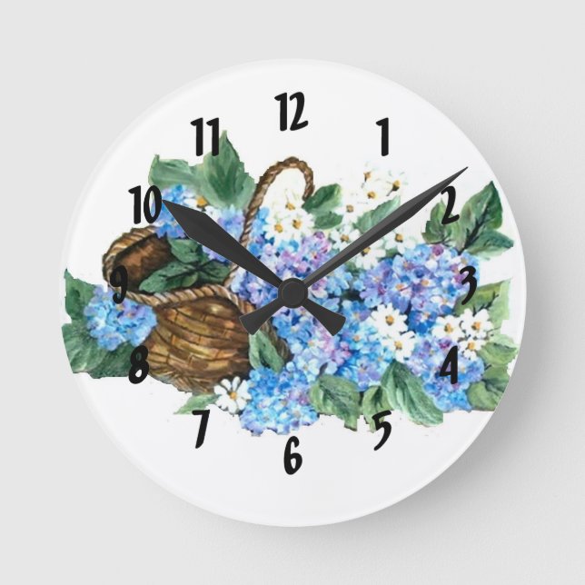 Straw basket with blue hydrangeas and white little round clock (Front)