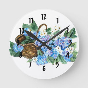 Straw basket with blue hydrangeas and white little round clock