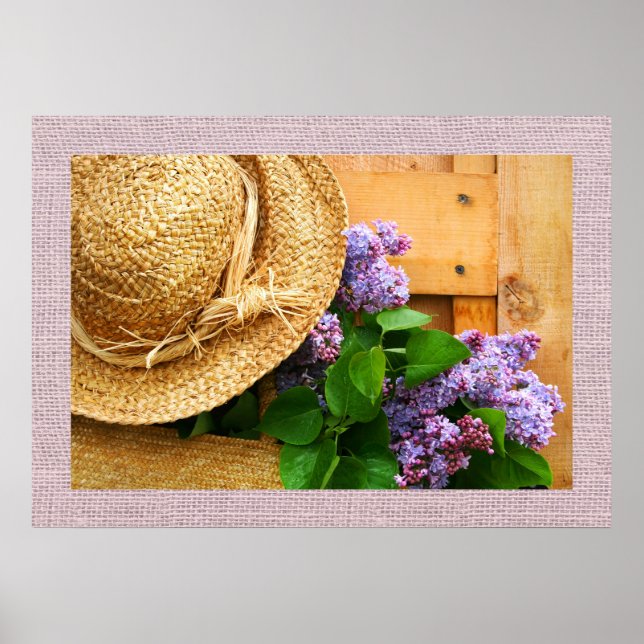Straw Hat and Lavender Flowers Photography Art Poster (Front)