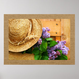 Straw Hat and Lavender Flowers Photography Art Poster