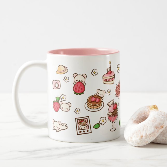 Strawbeary Cute Kawaii Bear Kuma Strawberry Mug (With Donut)