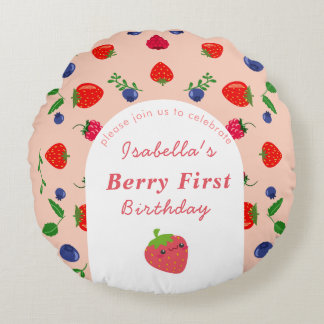 Strawber Berry First Birthday  Round Pillow