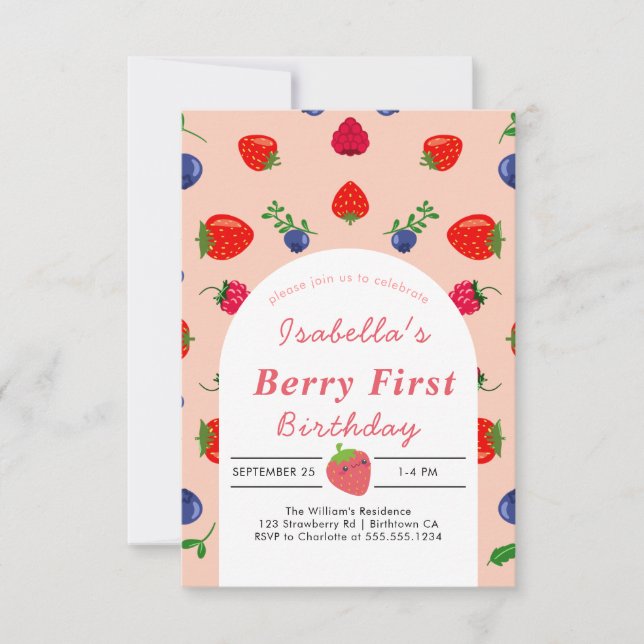 Strawber Berry First Birthday  RSVP Card (Front)