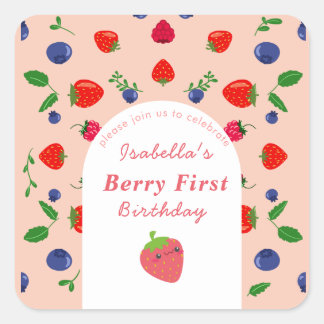 Strawber Berry First Birthday  Square Sticker
