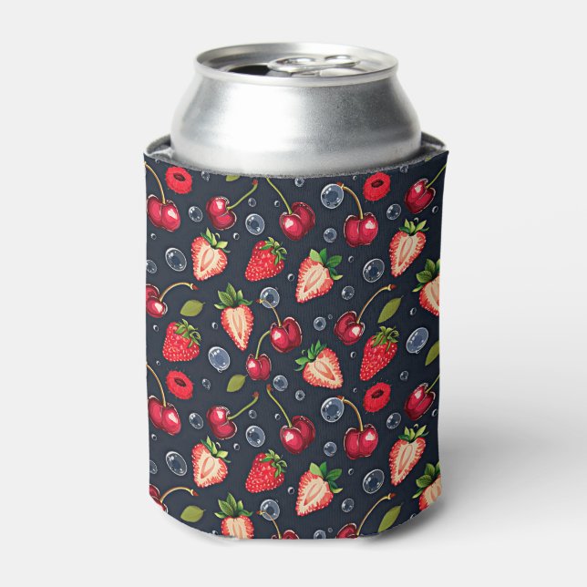 Strawberries and cherries on a dark background   can cooler (Can Front)