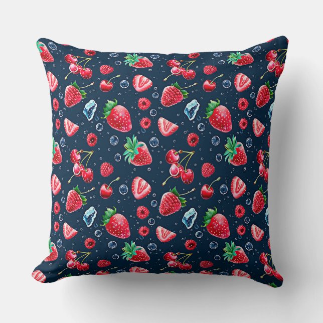Strawberries and cherries on a dark background   throw pillow (Front)