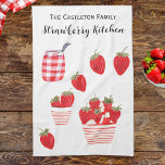 Strawberries and Cream Summer Red White Pretty Kitchen Towel<br><div class="desc">Be transported to a garden party in summer, where you can enjoy delicious red strawberries in striped bowls, with a green leaf on top of each one, served with traditional cream. This tea towel brings a colourful and fresh touch to the kitchen, and can be personalized with the recipient's name(s)...</div>