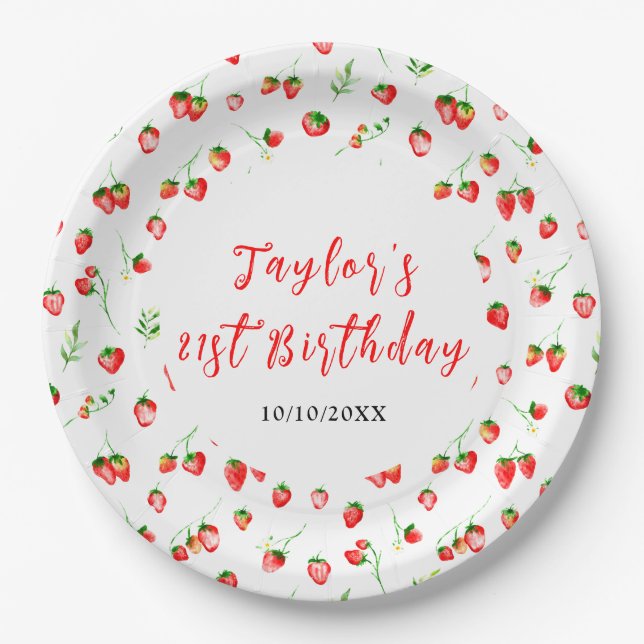 Strawberries and Daisies Birthday Party Paper Plate (Front)