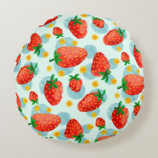 Strawberries and Daisies Blue watercolor Round Pillow
