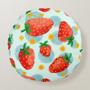 Strawberries and Daisies Blue watercolor Round Pillow