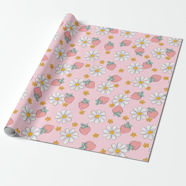 Strawberries and Daisies & Sweet Pink Background Wrapping Paper (Unrolled)