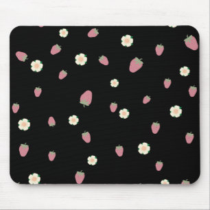 Strawberries and Flowers Black Pattern Mouse Pad