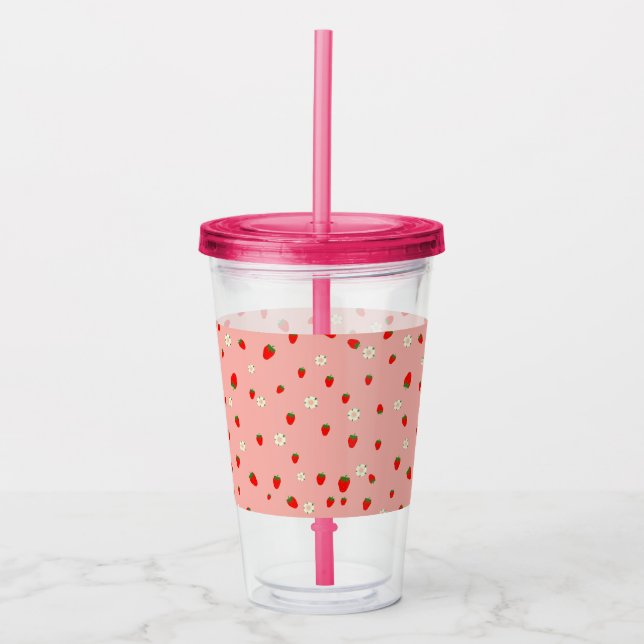 Strawberries and Flowers Pattern Acrylic Tumbler (Front)